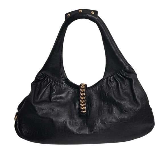 Henri Bendel Black Leather Hobo Shoulder Bag Gold Chain Large Tote - Picture 1 of 9
